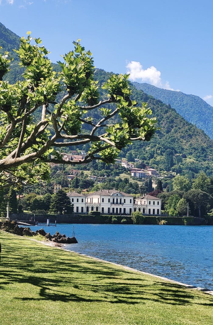 service-01 Beautiful view of a villa by the lake, framed by trees and mountains in a summer setting.