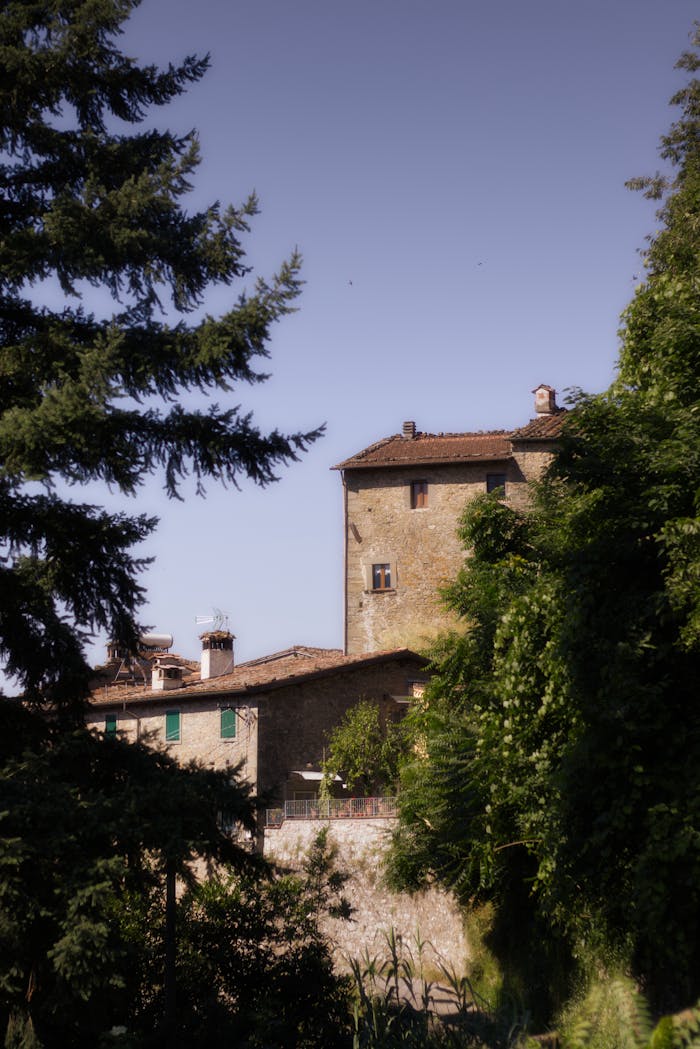 Rustic Tuscan villa surrounded by lush greenery in Lucca, Italy, under a clear blue sky.